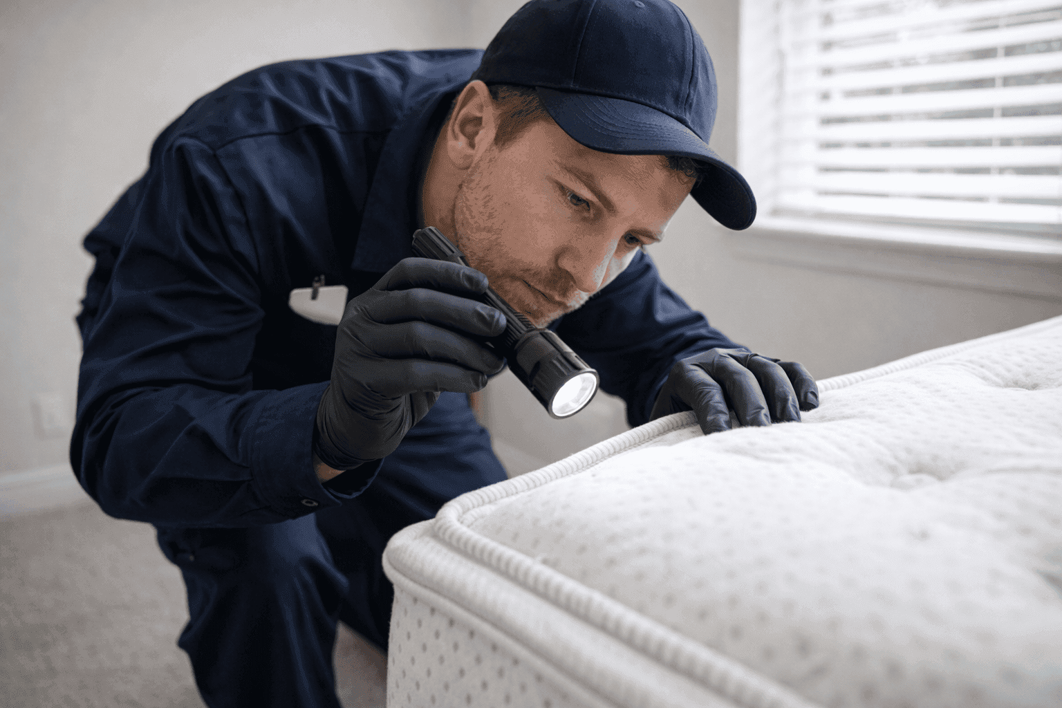 how to identify bed bugs — licensed exterminator inspecting mattress seam in Quincy, Il