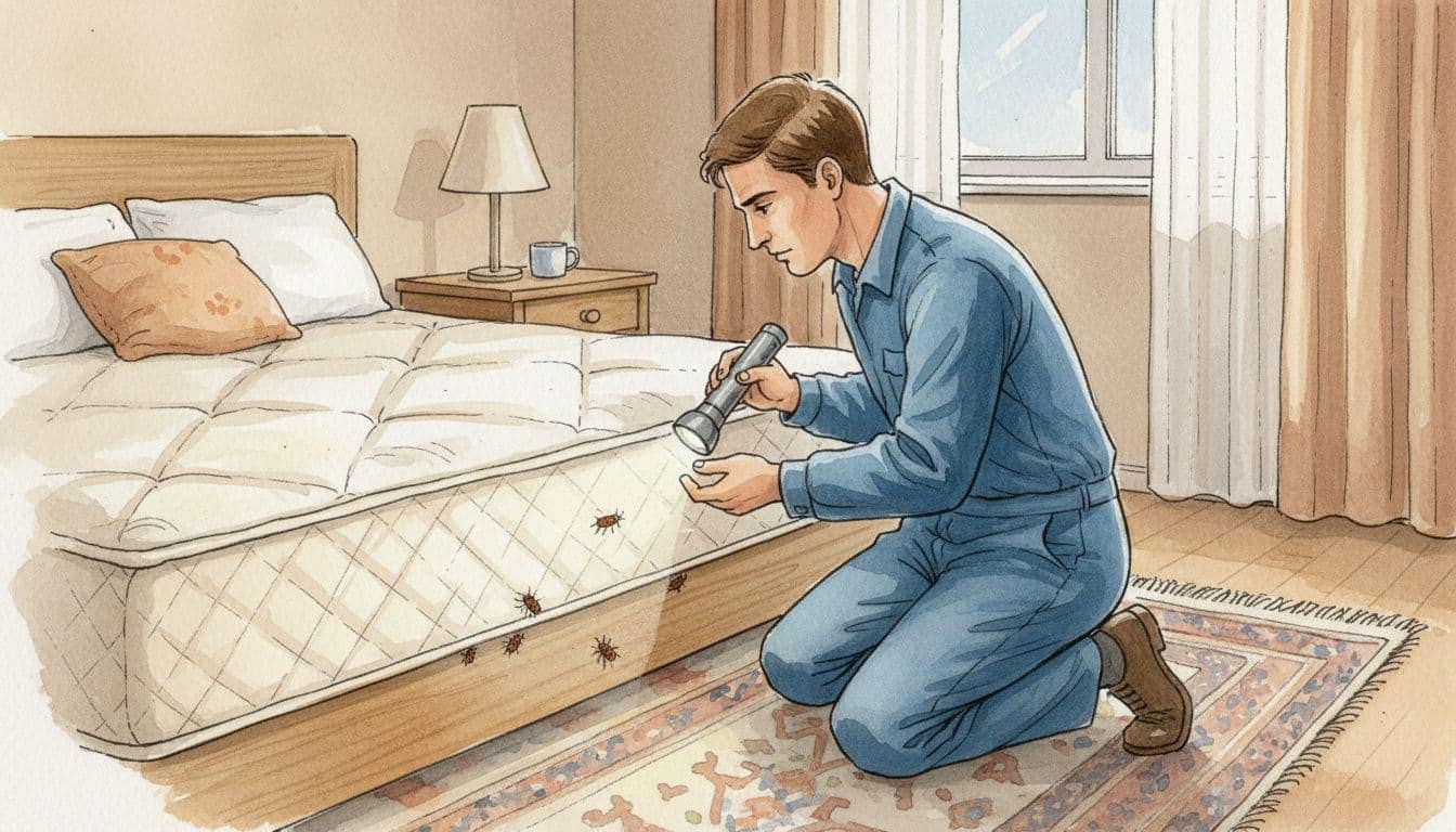 Pest control technician kneeling to inspect mattress seams and baseboards in a modest apartment bedroom using a flashlight, revealing small bed bugs in cracks, in cozy watercolor style.