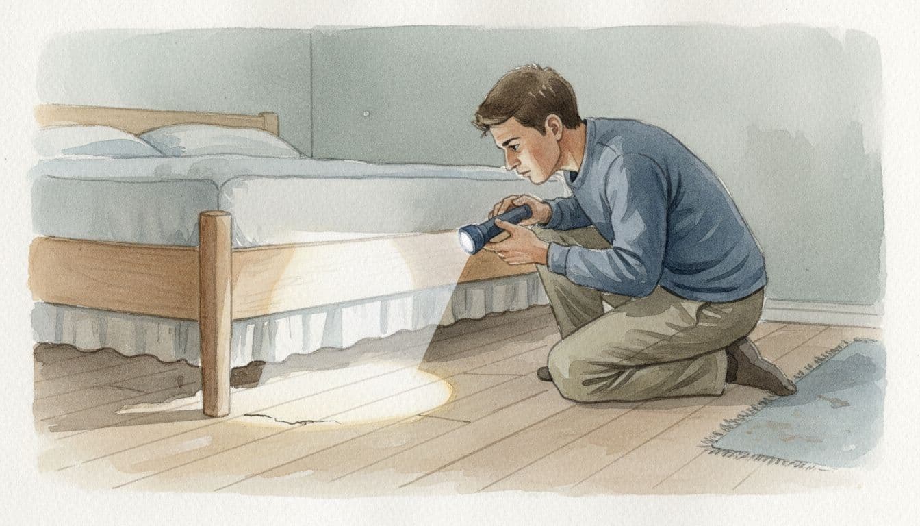 Watercolor style illustration showing a person kneeling and using a flashlight to inspect under a bed frame for bed bugs, with the beam highlighting hiding spots like floor cracks and furniture legs in a simple bedroom view.