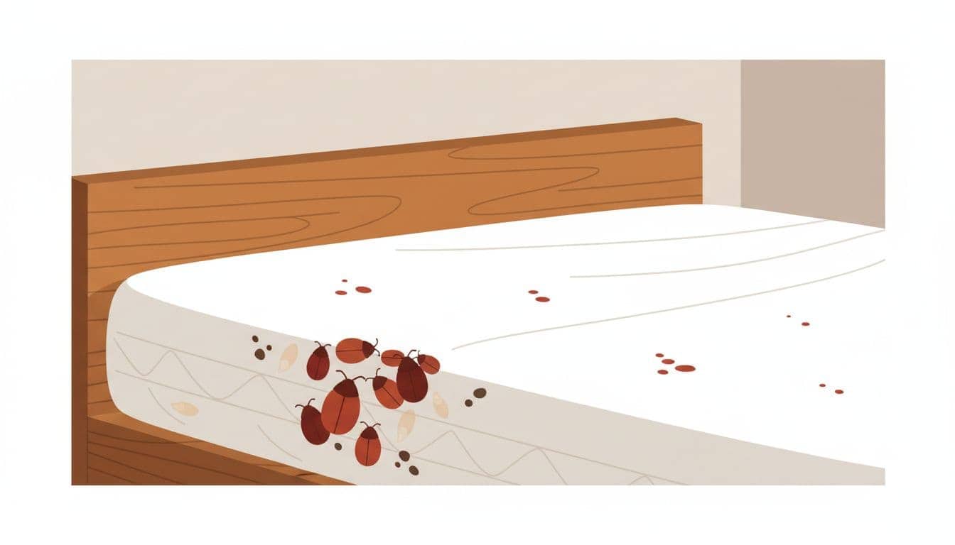 Modern illustration depicting close-up signs of bed bug infestation on a mattress, including tiny reddish-brown adult bugs clustered near the seam, dark fecal spots, pale shed nymph skins, and tiny blood stains on white sheets.