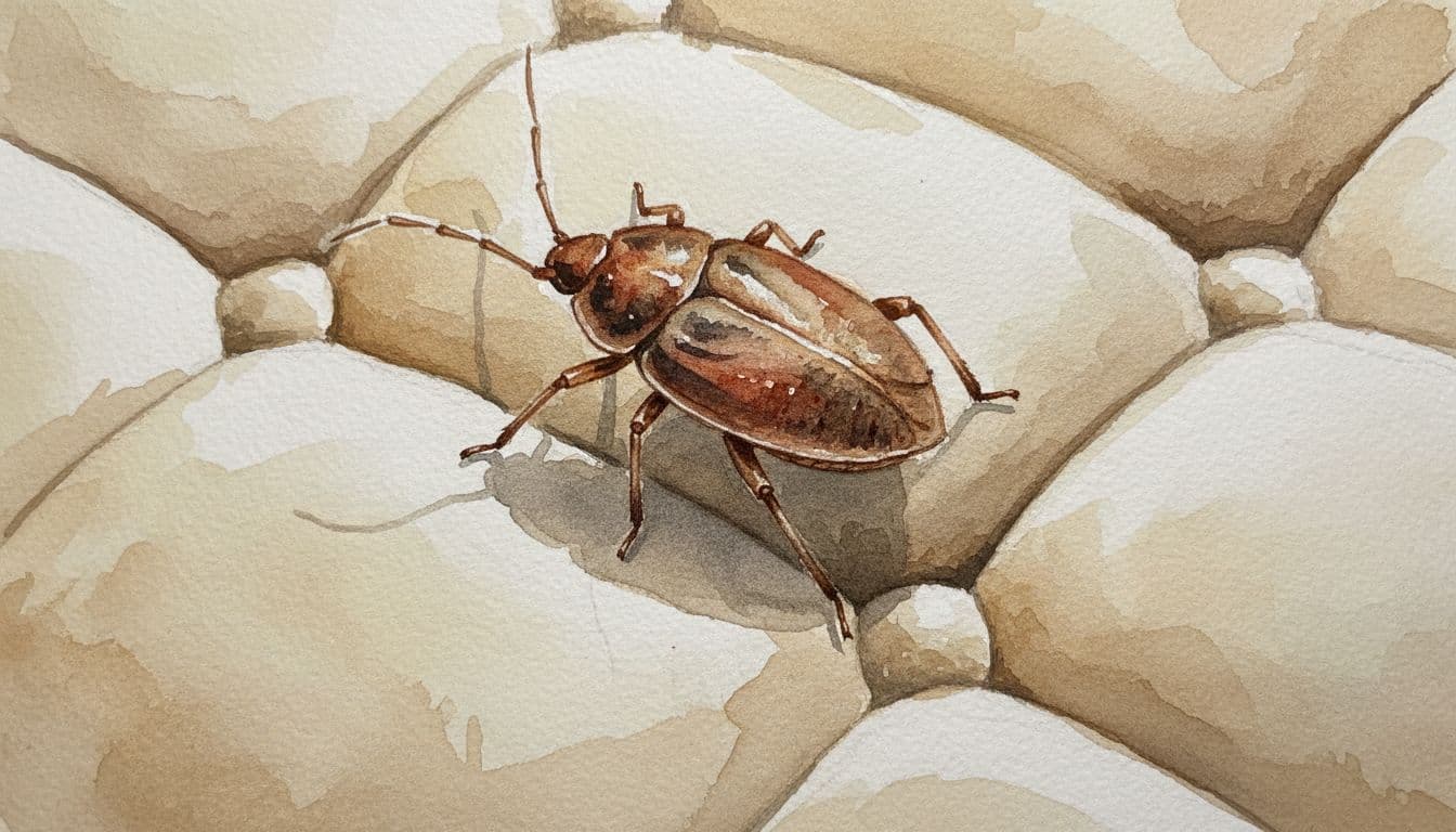 Close-up watercolor view of an adult bed bug crawling on a mattress seam in a dimly lit bedroom, featuring its flat oval body, six legs, and antennae with soft blending and high detail.