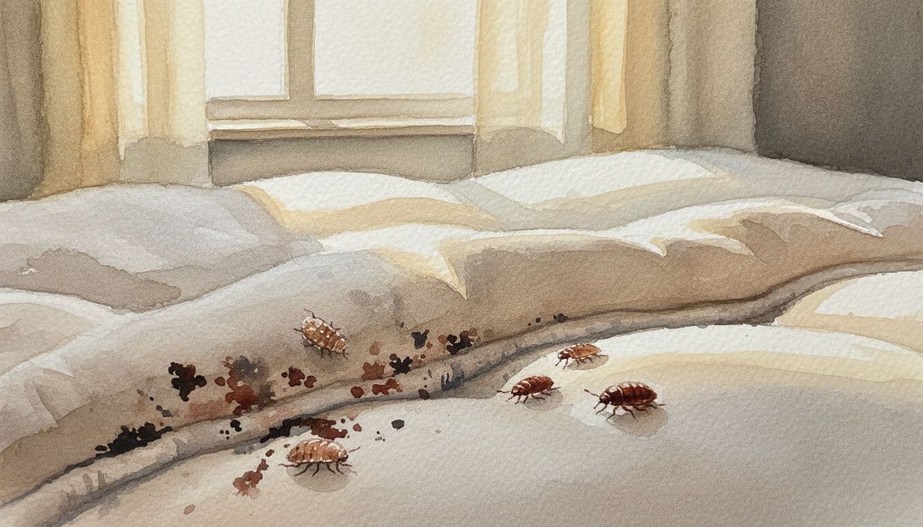 Close-up watercolor illustration of a mattress seam in a cozy bedroom displaying dark fecal spots, tiny shed bed bug skins, and three small reddish-brown bed bugs crawling nearby on neutral sheets, with soft morning light and brush textures.