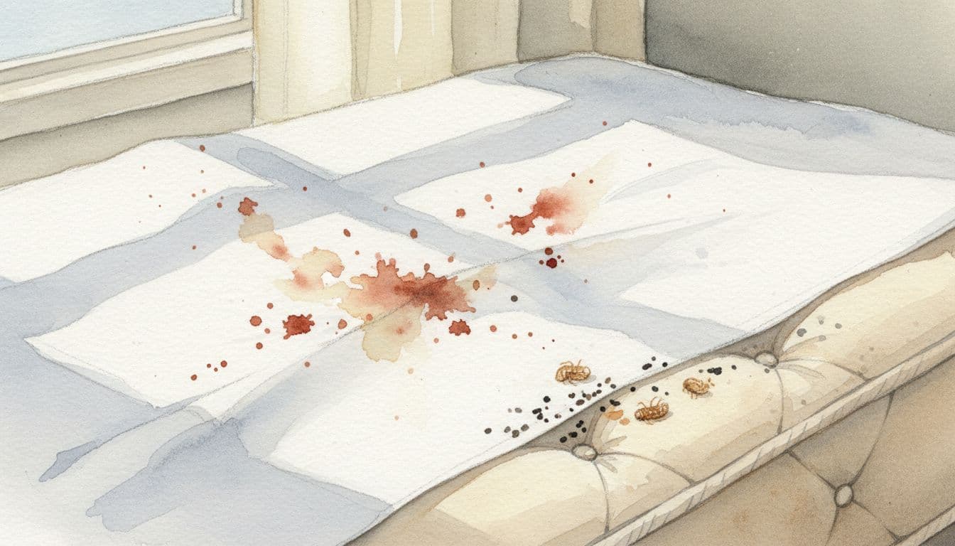 Watercolor close-up illustration of common bed bug infestation signs on a tufted mattress: rusty reddish blood spots on white sheets, tiny black fecal specks along seams, and translucent shed exoskeletons, in soft natural indoor light with muted earth tones.
