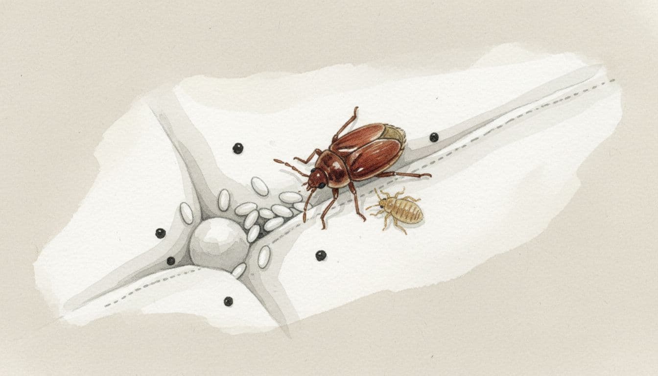 Detailed watercolor close-up of an adult bed bug, nymph, tiny white eggs, and black fecal spots clustered on a white hotel mattress seam and tufting.