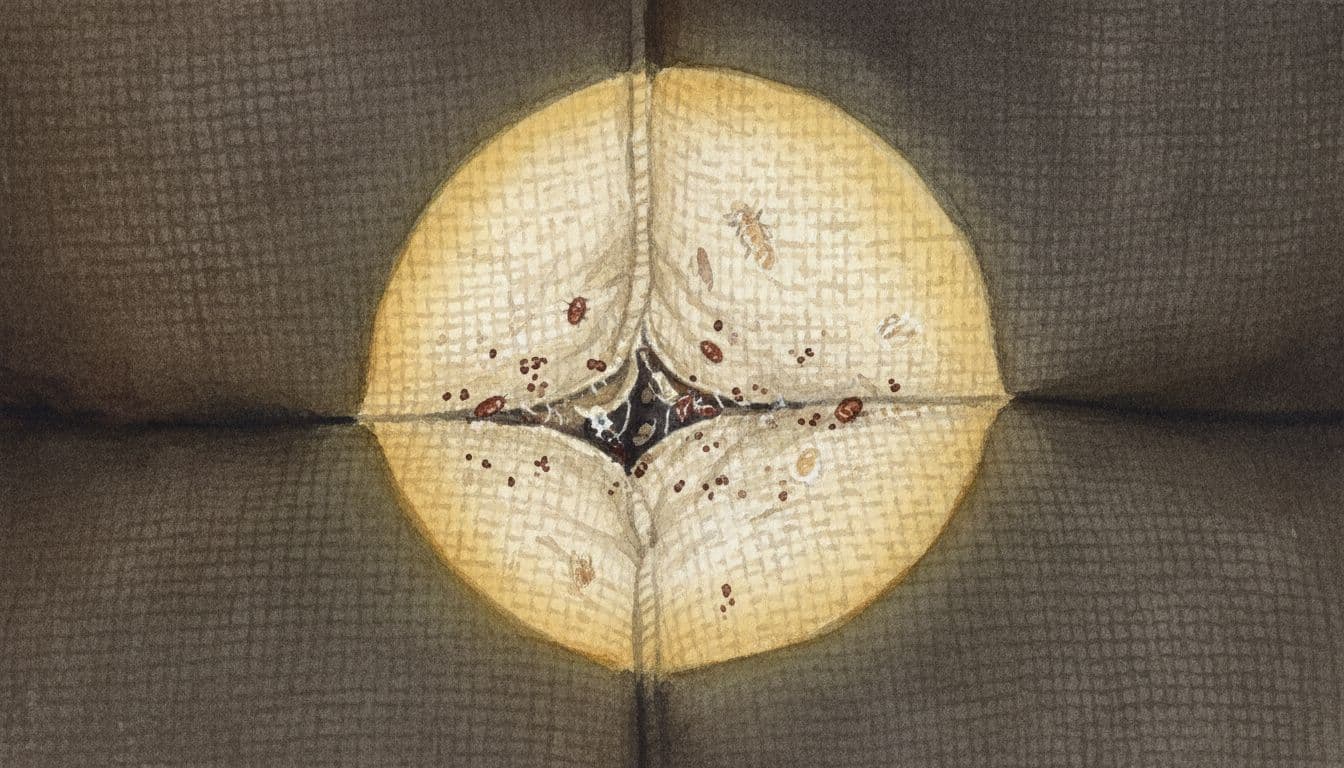 Close-up watercolor view of a flashlight beam highlighting dark fecal spots, shed skins, and tiny bed bugs hiding in a couch cushion seam, with detailed fabric texture and warm indoor lighting.