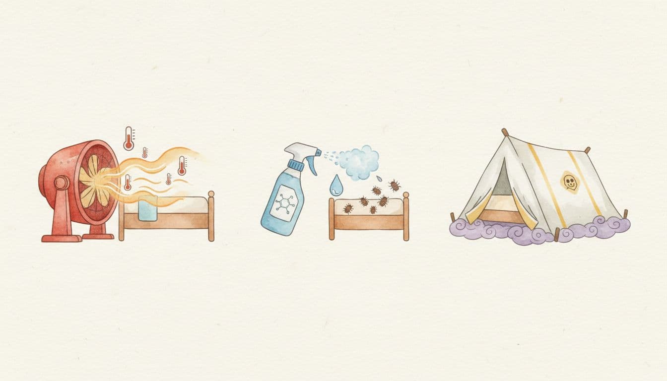 Watercolor icons comparing bed bug treatments: heat equipment, chemical spray, and fumigation tent, arranged in a row on neutral background with soft blending and brush texture.