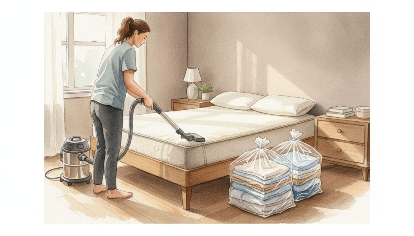 A homeowner vacuums mattress seams on a bed frame in a tidy bedroom prepared for bed bug treatment, with clean laundry sealed in plastic bags nearby and clutter reduced by moving items from walls. Watercolor style illustration featuring soft blending, visible brush texture, natural indoor light, and warm neutral palette.