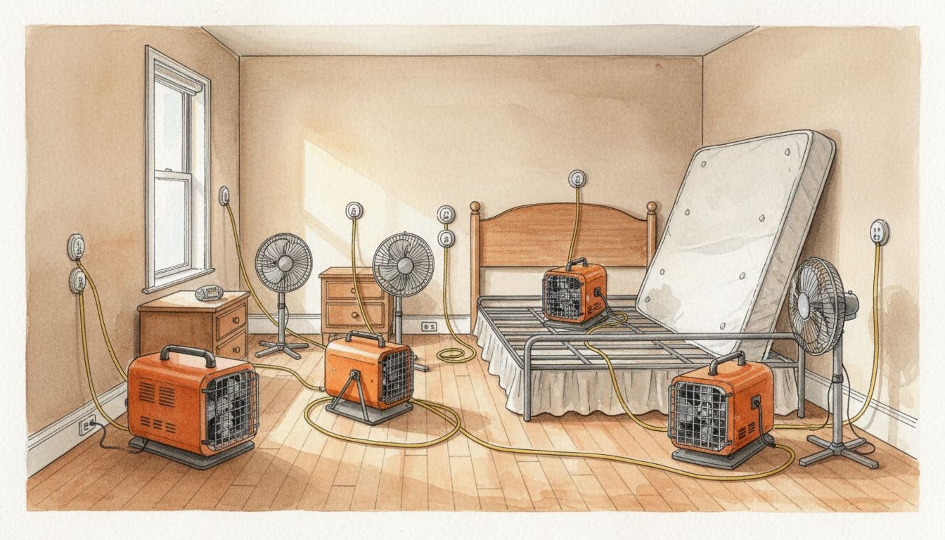 Watercolor-style illustration of a professional heat treatment setup for bed bugs in a small apartment bedroom, featuring electric heaters, fans, and temperature sensors around bed furniture and walls, with mattress pulled away, in soft natural light.