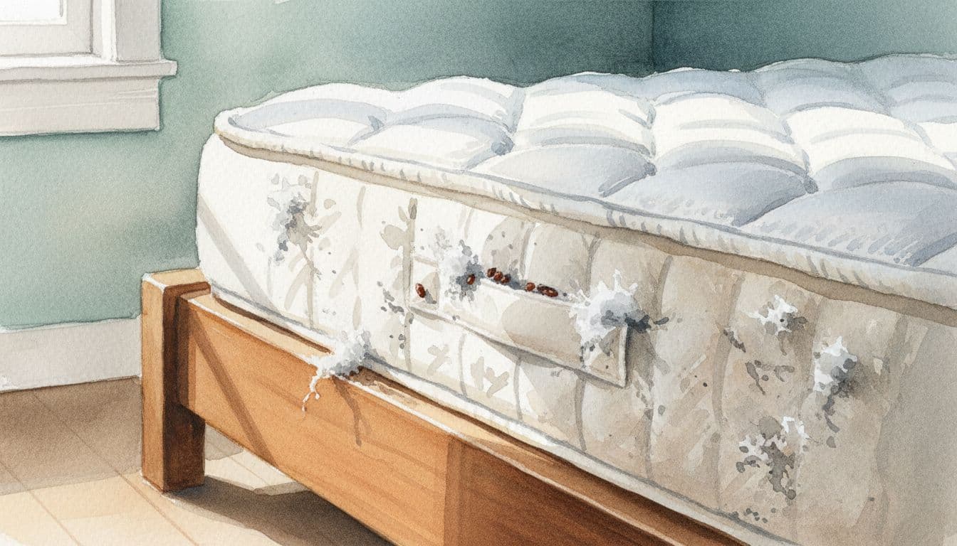 Watercolor-style close-up of tiny bed bugs concealed in dark crevices along a mattress edge and box spring seam, surrounded by dust and lint in a bedroom setting.