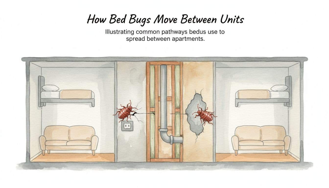 Cross-section view of apartment building walls illustrating bed bugs crawling through cracks, electrical outlets, and pipes from one unit to the adjacent unit, with simple furniture outlines in each room. Watercolor style with soft blending, neutral tones, and natural lighting featuring exactly two bed bugs.