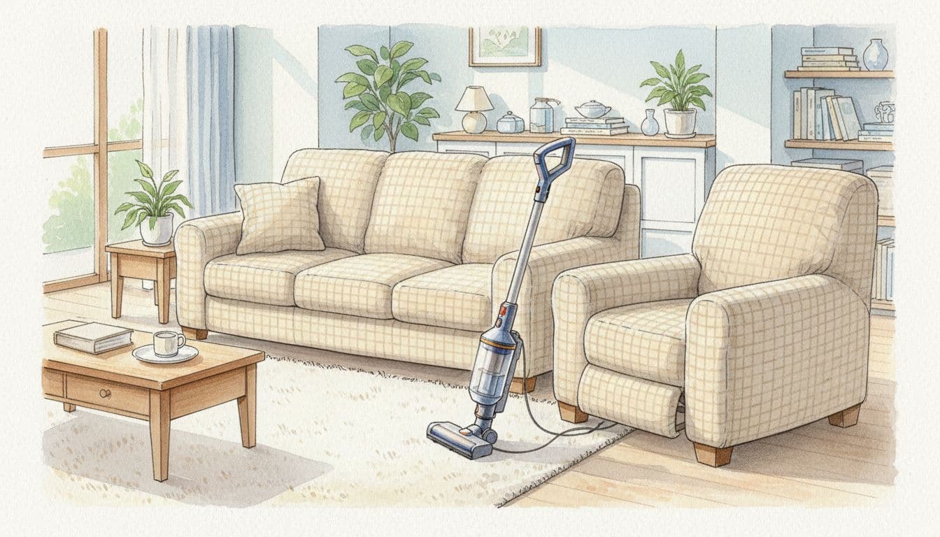 Watercolor-style clean living room interior with couch and recliner featuring protective cushion encasements, vacuum nearby, no pests visible, cozy atmosphere with bright daylight through window.