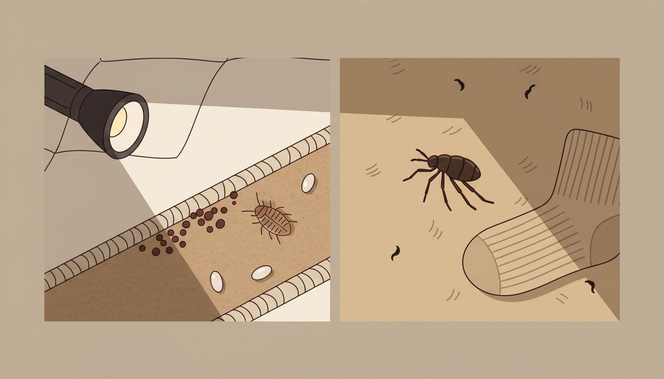 Modern illustration split composition: left shows bed bug evidence like dark fecal spots, shed skin, and eggs on mattress seam; right depicts flea dirt on pet fur and a jumping flea on sock. Earth tones, clean shapes, flashlight illumination, no people or text.