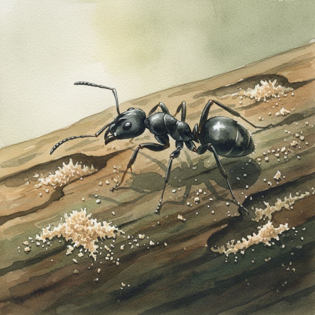 Close-up watercolor view of a single large black carpenter ant on damp rotting wood beam with fine sawdust frass piles and visible tunnels, in muted earth tones.