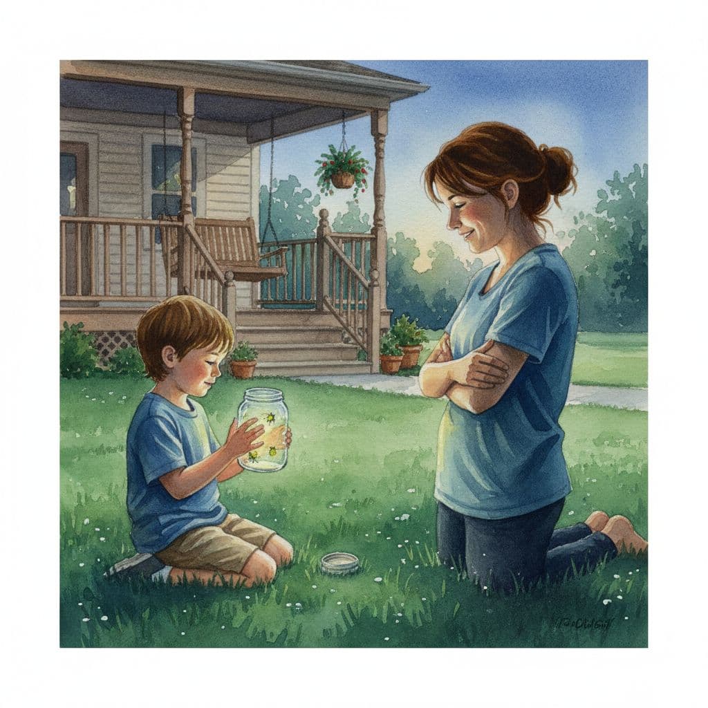 A young child kneels in dewy backyard grass holding a clear glass jar with softly glowing lightning bugs, lid off, while a smiling parent stands nearby, lit by the bugs' gentle glow on a nostalgic summer night in a watercolor style.