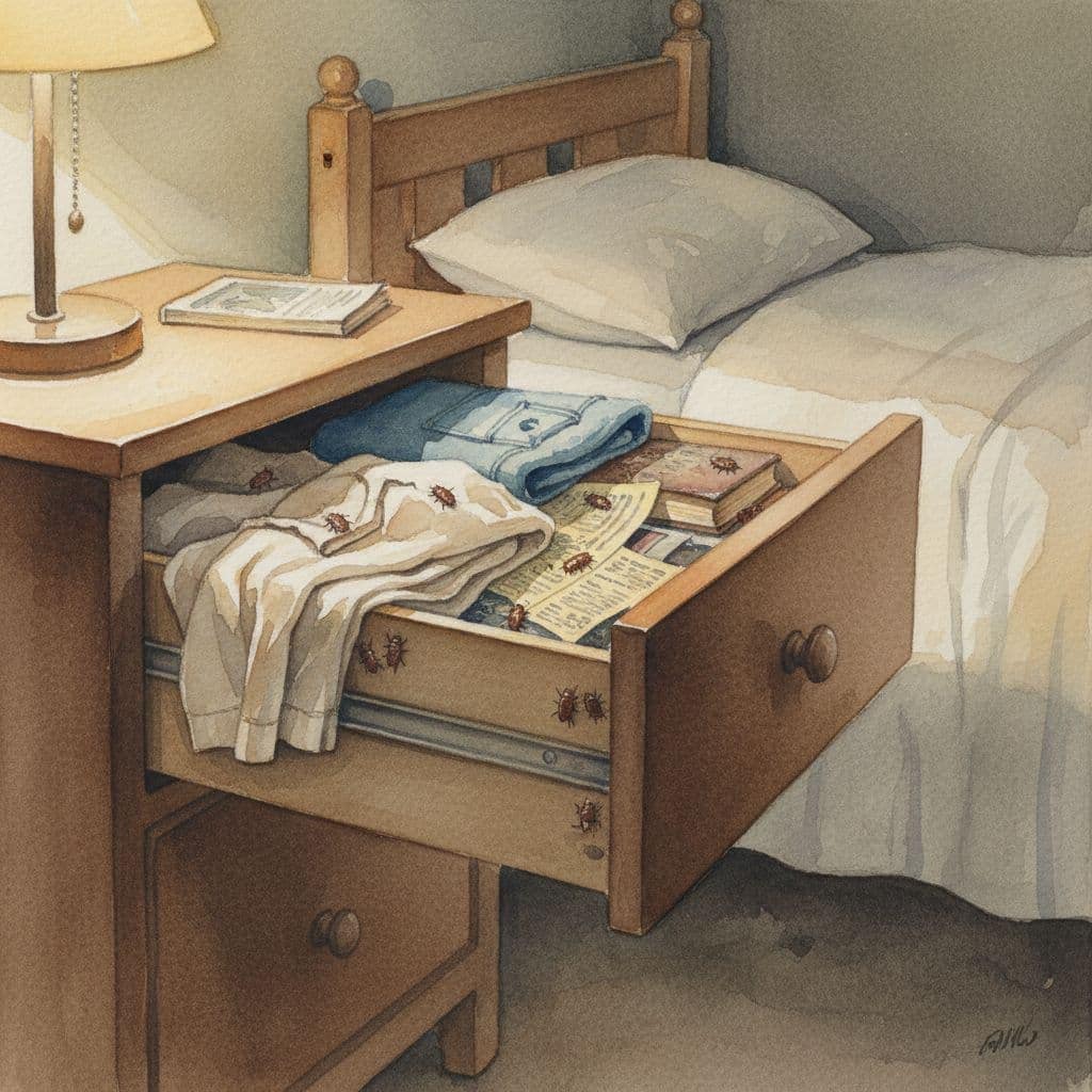 Watercolor-style illustration of a cluttered open nightstand drawer revealing bed bugs hidden in folds of fabric and papers, side view under soft lamp light.