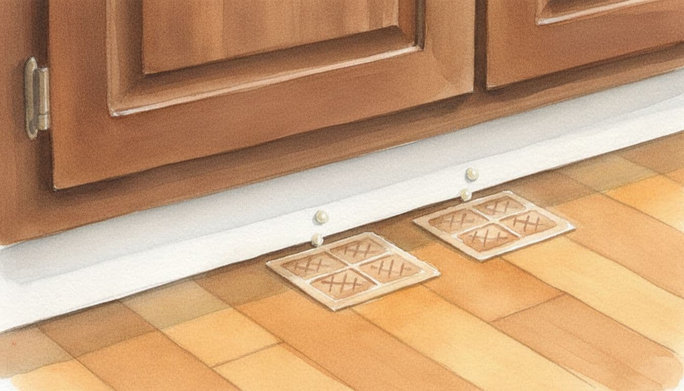 Close-up watercolor illustration of cockroach bait gel dots and glue traps strategically placed along kitchen baseboards and cabinets in a clean home interior, featuring three bait stations and two glue traps with soft natural lighting.
