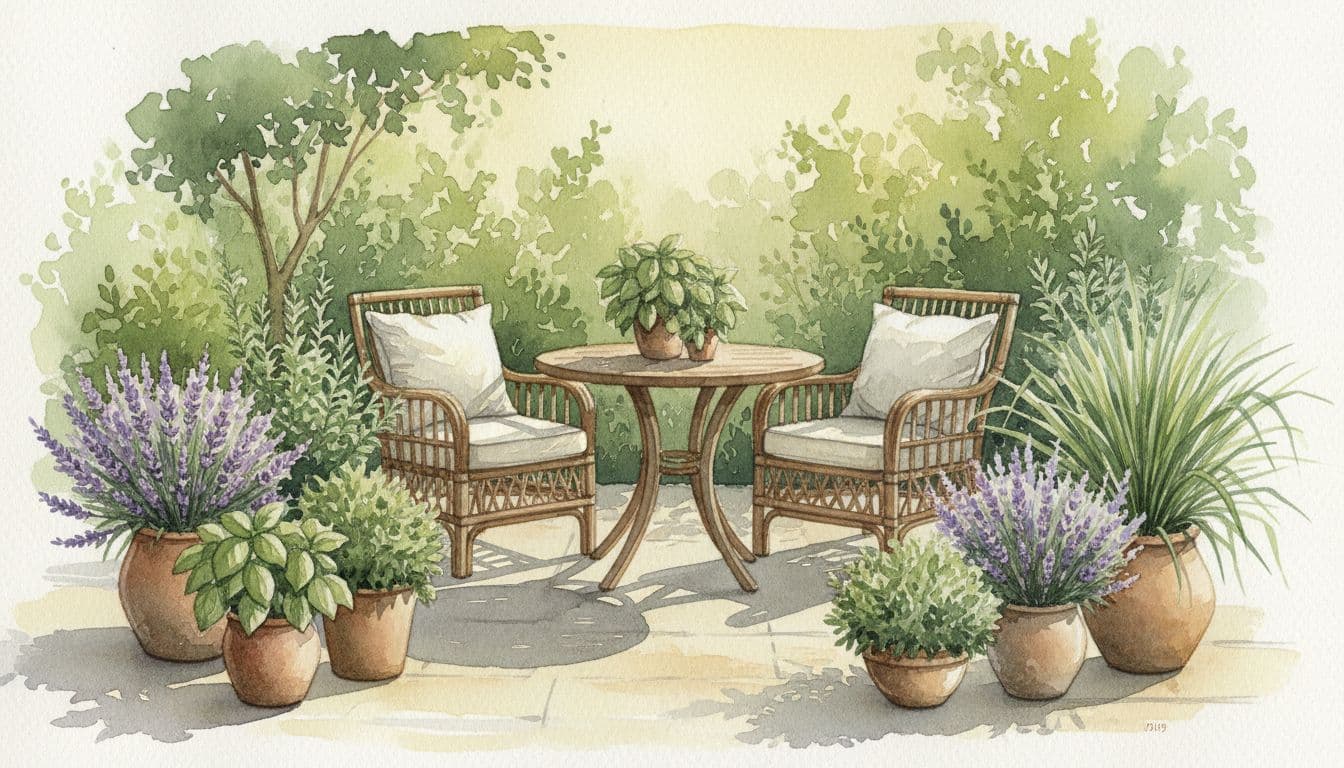 Cozy patio surrounded by potted mosquito-repelling plants like lavender, basil, rosemary, and citronella grass, rendered in watercolor style with soft blending, visible brush texture, lush green tones, and inviting evening light.