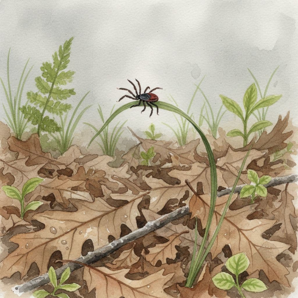 Tiny blacklegged deer tick nymph under 2mm questing on a blade of grass in shaded moist leaf litter of Illinois woodland, close-up watercolor style with soft blending.