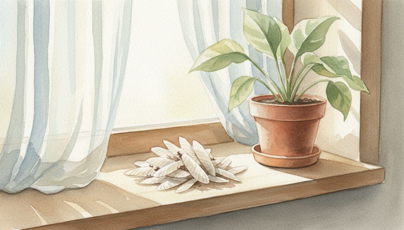 A small pile of translucent discarded termite wings rests on a sunny windowsill in a cozy Quincy IL home, next to a houseplant with soft morning light filtering through sheer curtains, in watercolor style using pale blues and earth tones.