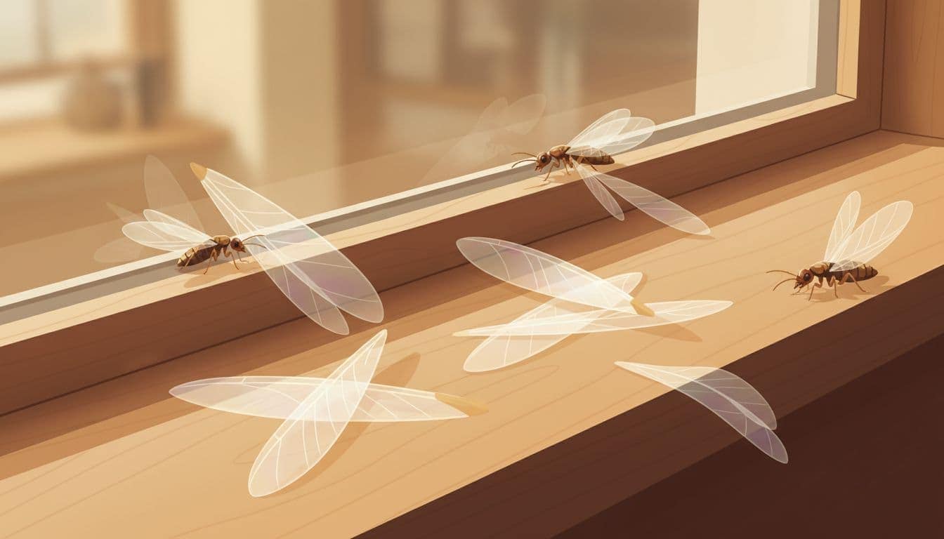 Close-up modern illustration of translucent discarded termite wings and winged termites scattered on a wooden windowsill inside a home, soft indoor light, warm colors, early swarm sign.