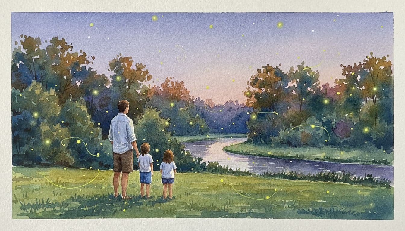A family of three in casual summer clothes stands relaxed in a grassy backyard near woods and river edge at dusk, watching numerous glowing fireflies floating in the humid summer air under a soft twilight purple sky. Watercolor style landscape with soft blending, visible brush texture, and emerging stars, capturing a serene evening in the West Central Illinois countryside.