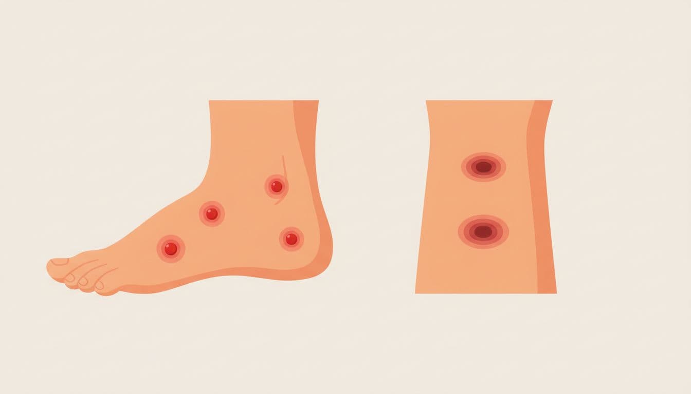 Modern illustration showing flea bites (small red spots with halos on ankle skin) side by side with bed bug bites (larger raised welts with dark centers on arm skin) for easy visual comparison.