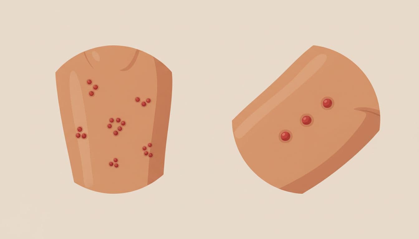 Modern illustration depicting scattered small flea bites on a lower leg section and a line of three bed bug bites on an upper arm section, with clean shapes, skin tones, and soft lighting.