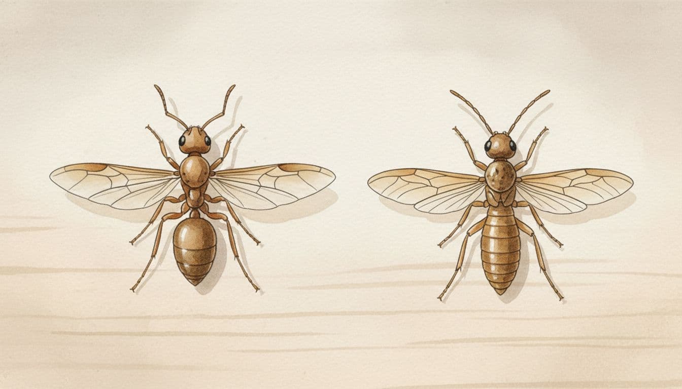 Close-up watercolor illustration side-by-side comparing a flying ant and termite swarmer on a light wooden surface, highlighting differences in antennae, waist, and wings with soft blending and muted earth tones.