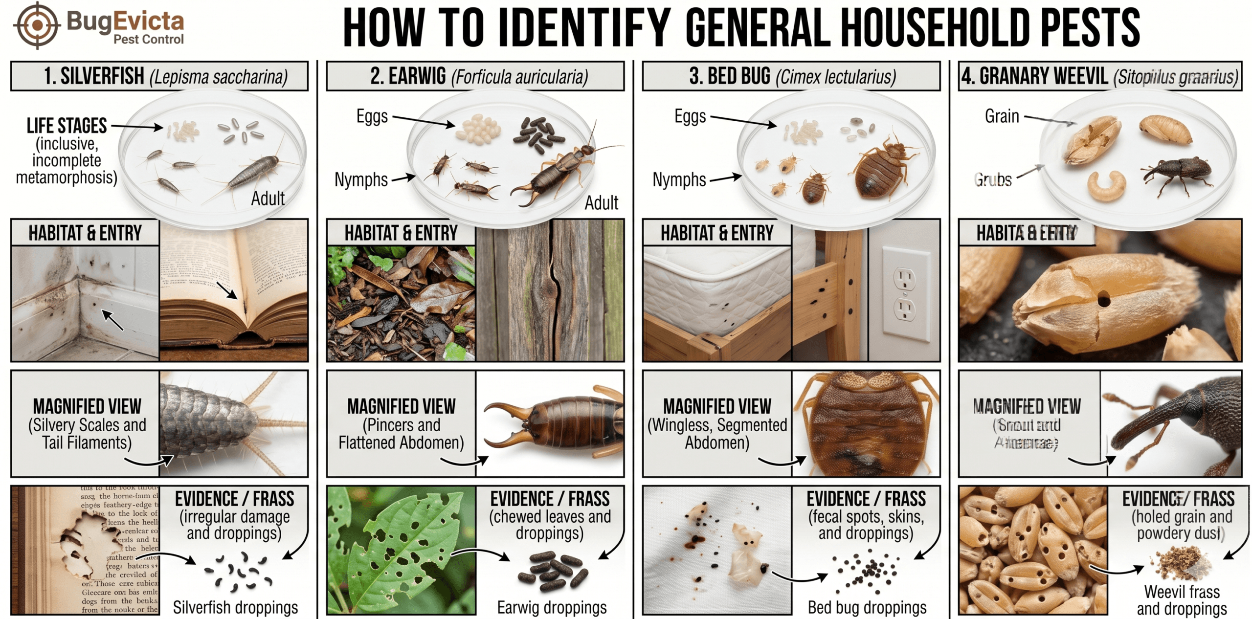 How to Identify General Household Pests Infographic An infographic titled "How to Identify General Household Pests" featuring four columns dedicated to Silverfish, Earwigs, Bed Bugs, and Granary Weevils. Each column illustrates the pest's life stages, typical habitat and entry points, a magnified view of its unique physical features, and visual examples of the evidence or frass they leave behind.