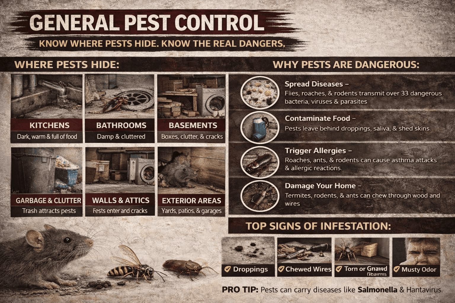 General Pest Control: Where Pests Hide and Why They’re Dangerous General pest control infographic showing where pests hide, signs of infestation, and the risks pests pose inside a home.