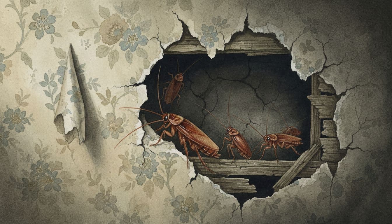 Several German cockroaches hide in a dark wall void behind peeling wallpaper, with a close-up focus on exactly four roaches emerging from cracks in watercolor style with dim moody lighting.