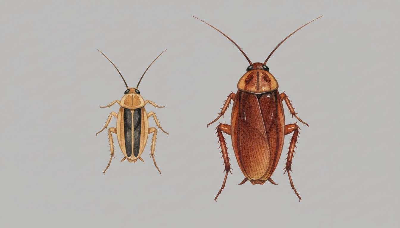 Side-by-side watercolor illustration comparing the small, light tan German cockroach with two dark stripes to the large, reddish-brown American cockroach on a neutral gray background.