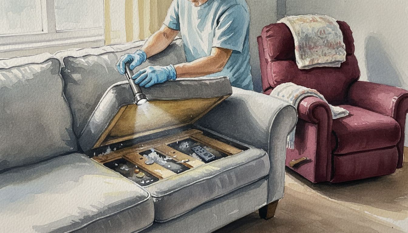 A person wearing gloves uses a flashlight to carefully inspect under a couch cushion in a living room with a recliner nearby, watercolor style with soft blending.