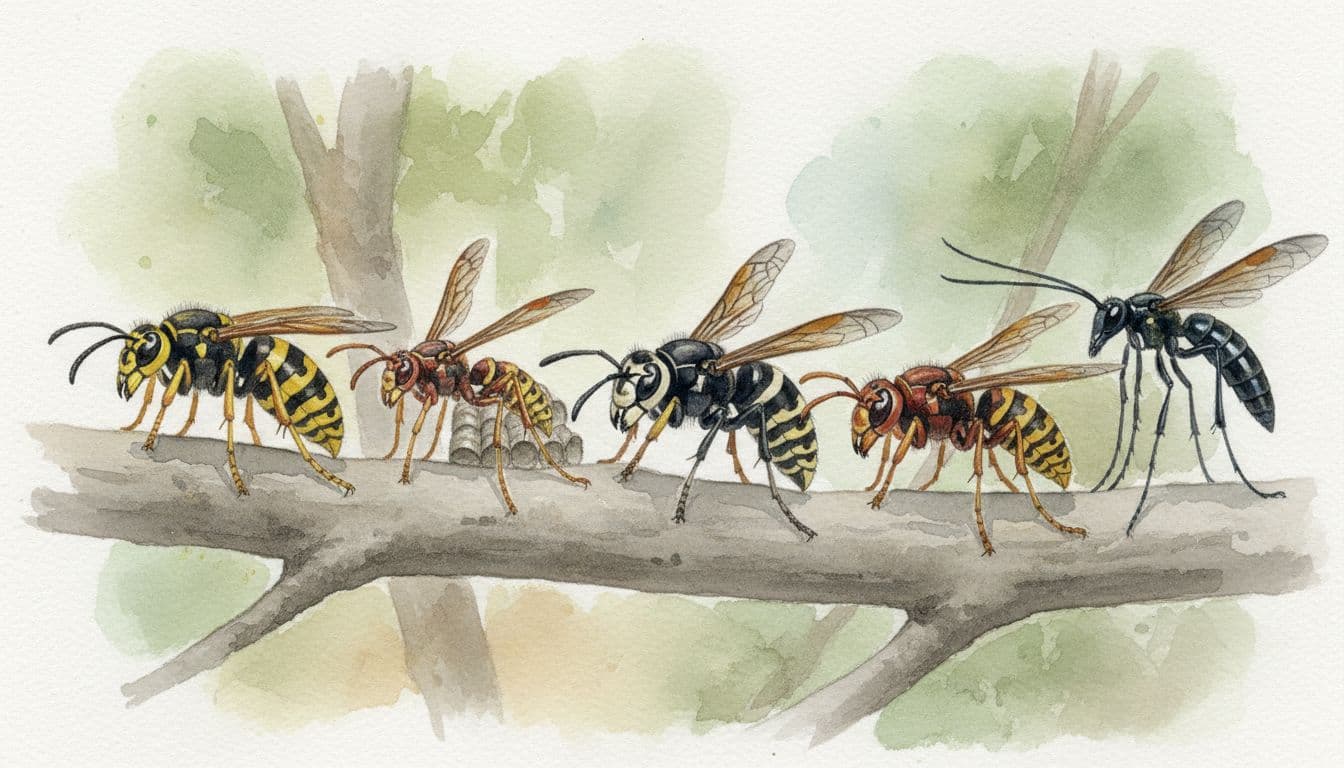 Close-up watercolor arrangement of five common wasps and hornets near Hannibal, Missouri: yellowjacket, paper wasp, bald-faced hornet, European hornet, mud dauber on neutral branch with soft earth tones.