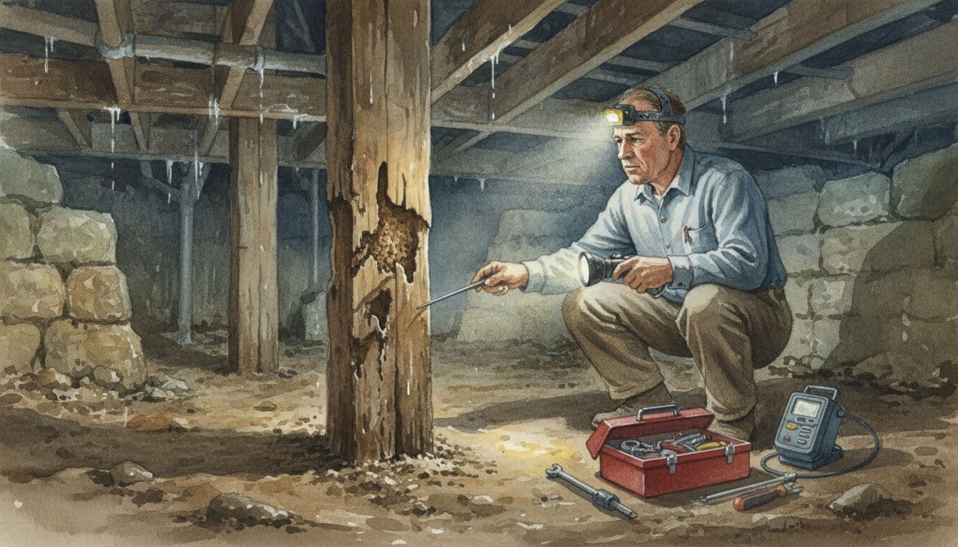 Watercolor style illustration of an Illinois homeowner inspecting a damp crawlspace under the house for termites, with toolbox nearby, moisture on wood beams, and focus on wood damage and inspection tools under soft lighting.