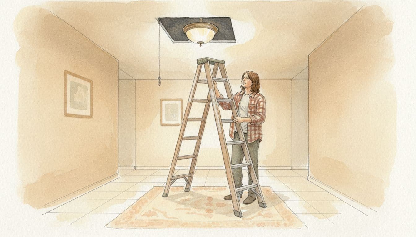 A homeowner positions a ladder under an open attic access panel in a home hallway, clearing floor space for safe pest inspector access. Watercolor style with soft blending, neutral warm palette, and focused composition on the preparation area.