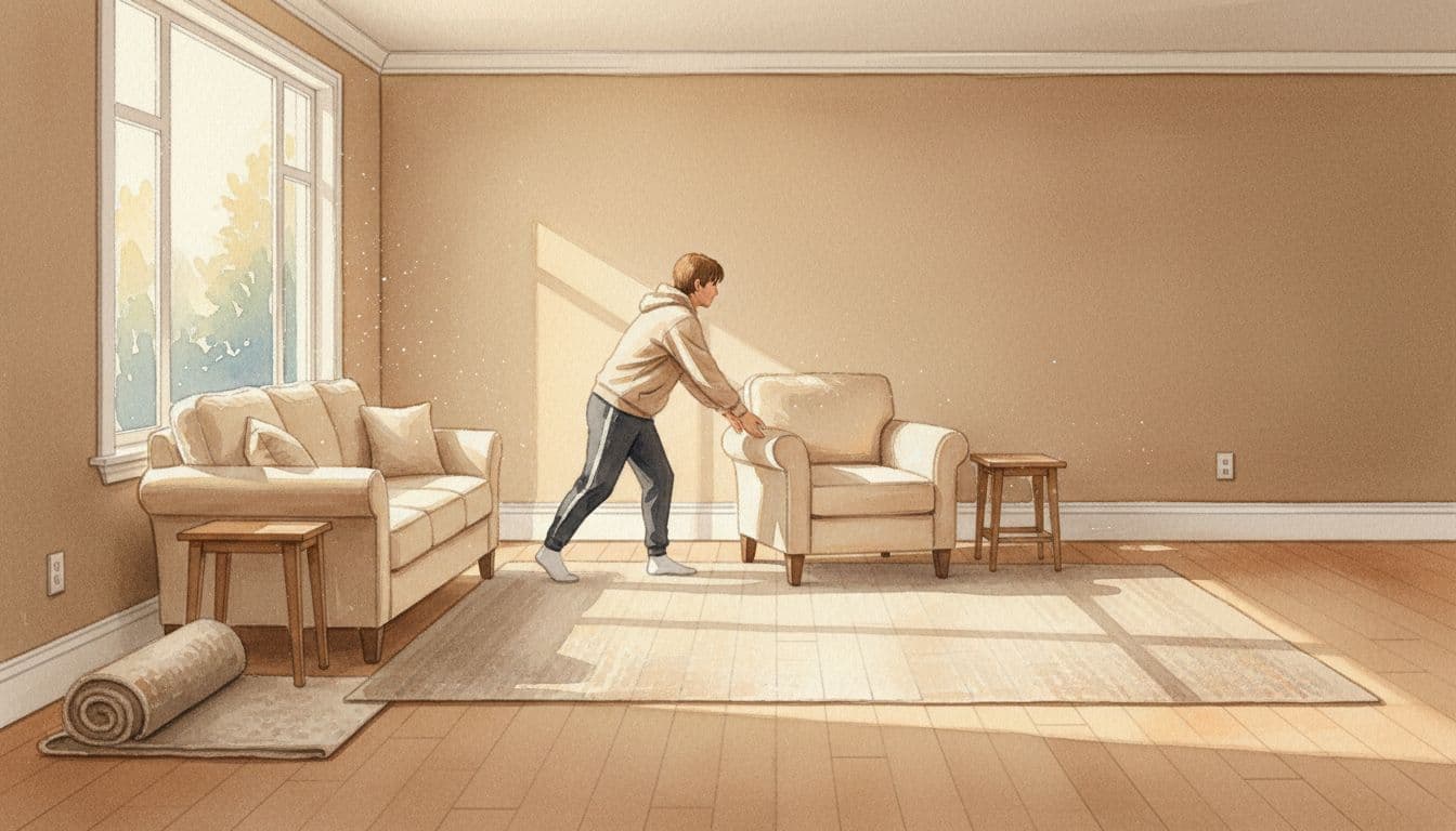 A homeowner in casual clothes pulls furniture away from baseboards in a cozy living room to prepare for pest inspection, with soft natural light and wide-angle view showing cleared floor space. Watercolor style featuring soft blending, visible brush texture, and neutral warm palette.