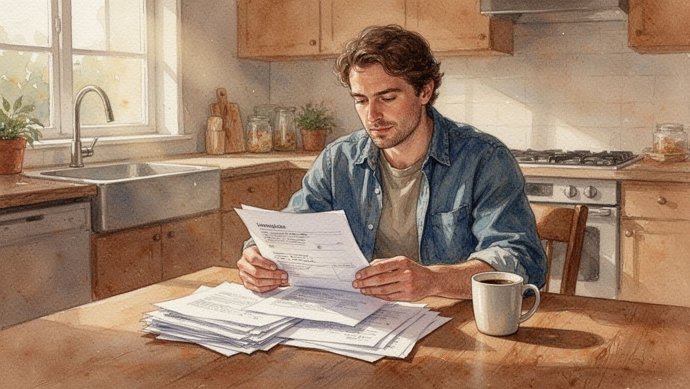 A homeowner sits at a kitchen table intently reading homeowners insurance policy documents with a focused expression, coffee mug nearby, illuminated by soft morning light through the window, rendered in watercolor style with warm earth tones.