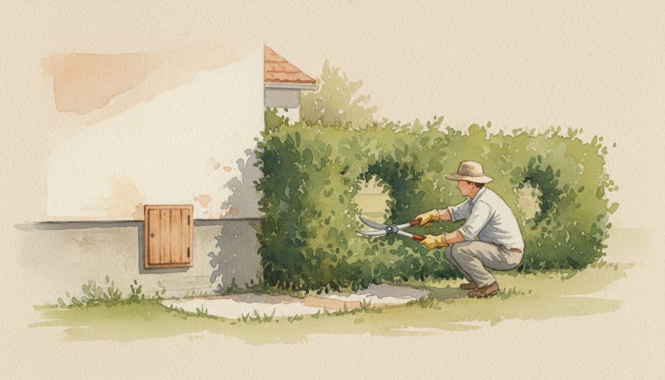 Homeowner using pruning shears to trim bushes near house foundation and exterior wall, clearing entry points for pest inspector in sunny outdoor daylight, watercolor style.