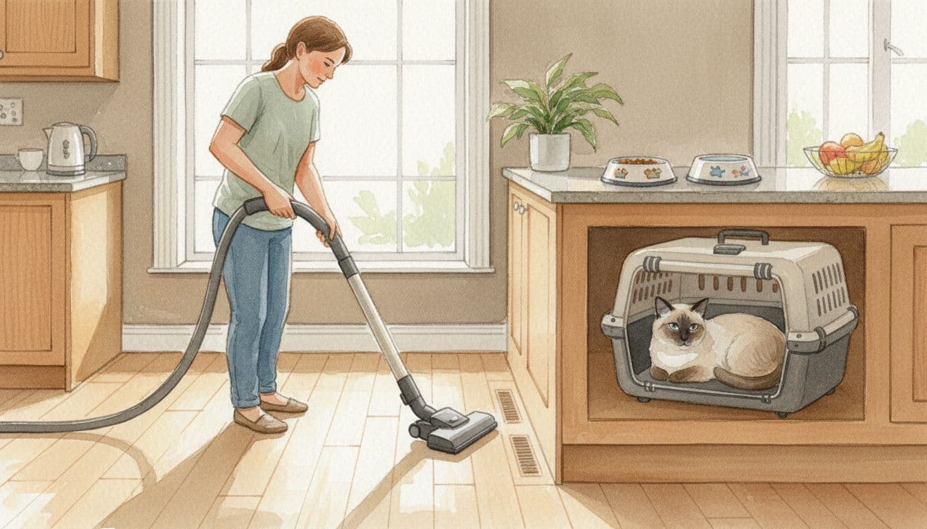 Homeowner in a bright kitchen vacuuming the floor, moving pet bowls to the counter, and securing a cat in a carrier nearby, with clutter cleared from baseboards, in watercolor style with earth tones.