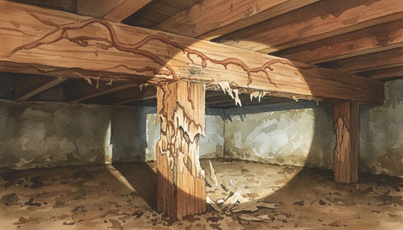 Close-up watercolor of termite damage in wooden floor joists and beams in a home basement, showing mud tubes, galleries, and crumbling wood illuminated by a flashlight beam.