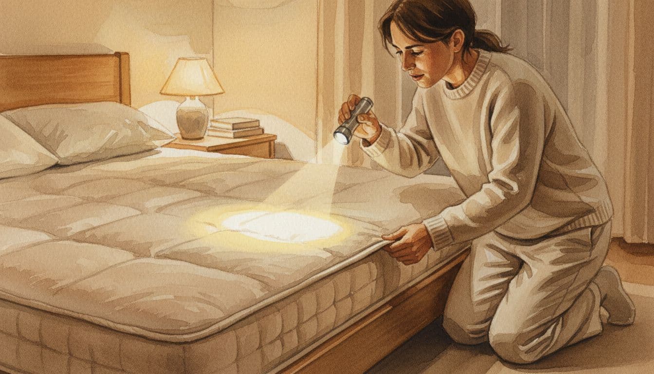 Person in casual clothes carefully inspecting mattress seams and folds with a flashlight in a cozy bedroom at night; watercolor style with soft blending and warm neutral palette.