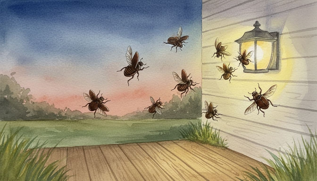 A cluster of 8-10 dark brown June bugs clumsily flies and bumps into a bright porch light on a suburban house exterior at dusk on a warm summer evening in Illinois, with soft yard grass and porch in the background, rendered in watercolor style.