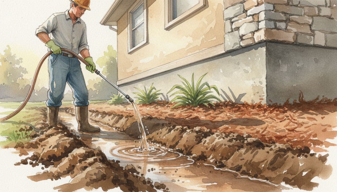 Watercolor illustration from low angle depicting a technician applying liquid termiticide to a soil trench around a residential home foundation, with mulch bed, warm earth tones, and soft brush textures under bright morning light.