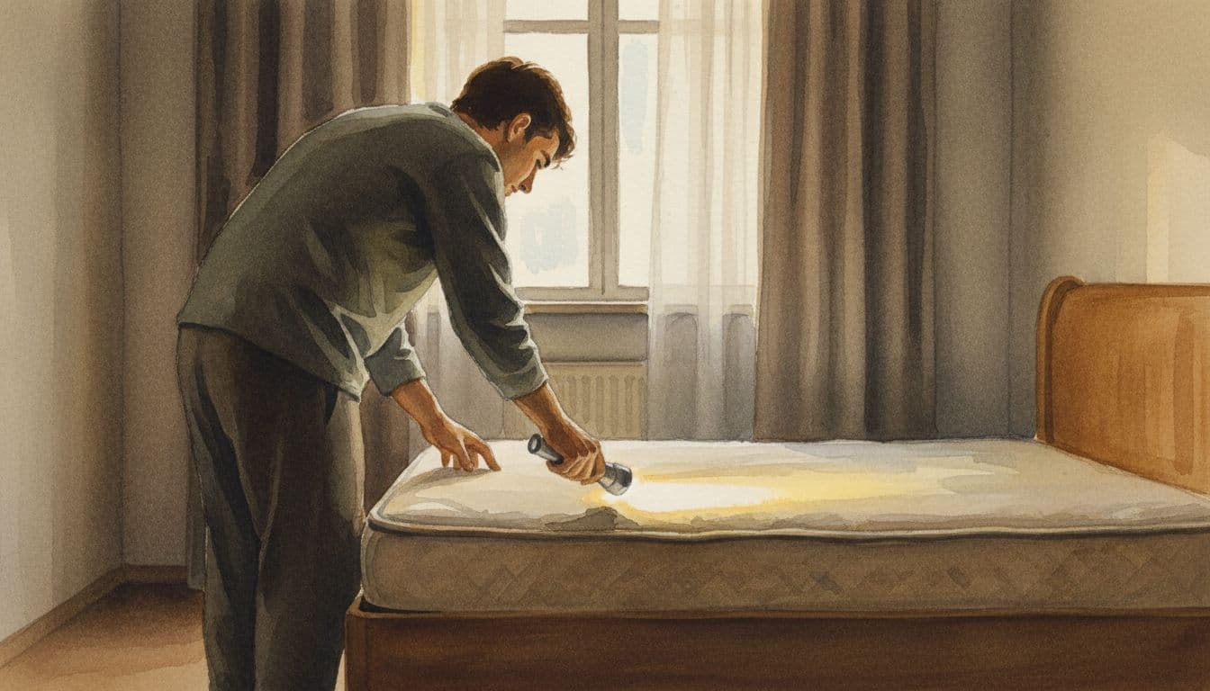 A person viewed from behind inspects mattress seams in a dimly lit apartment bedroom using a flashlight, focusing on the bed frame and headboard area. Watercolor style featuring soft blending, visible brush texture, and warm indoor lighting, with no bed bugs, text, clutter, or extra objects visible.