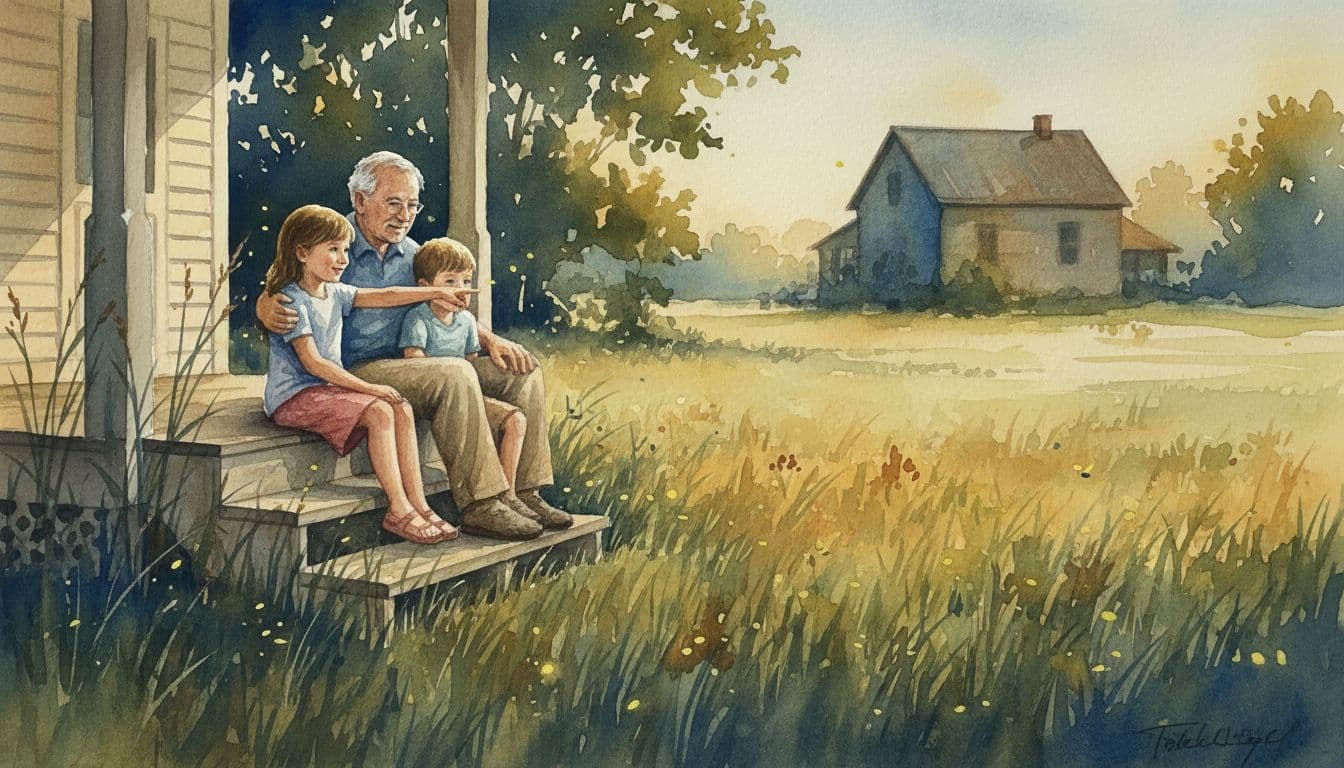 Children and grandparents sit relaxed on wooden porch steps in rural West Central Illinois yard at night, watching fireflies blink over the grass during a warm summer evening family bonding moment, rendered in watercolor style with soft blending and brush textures.