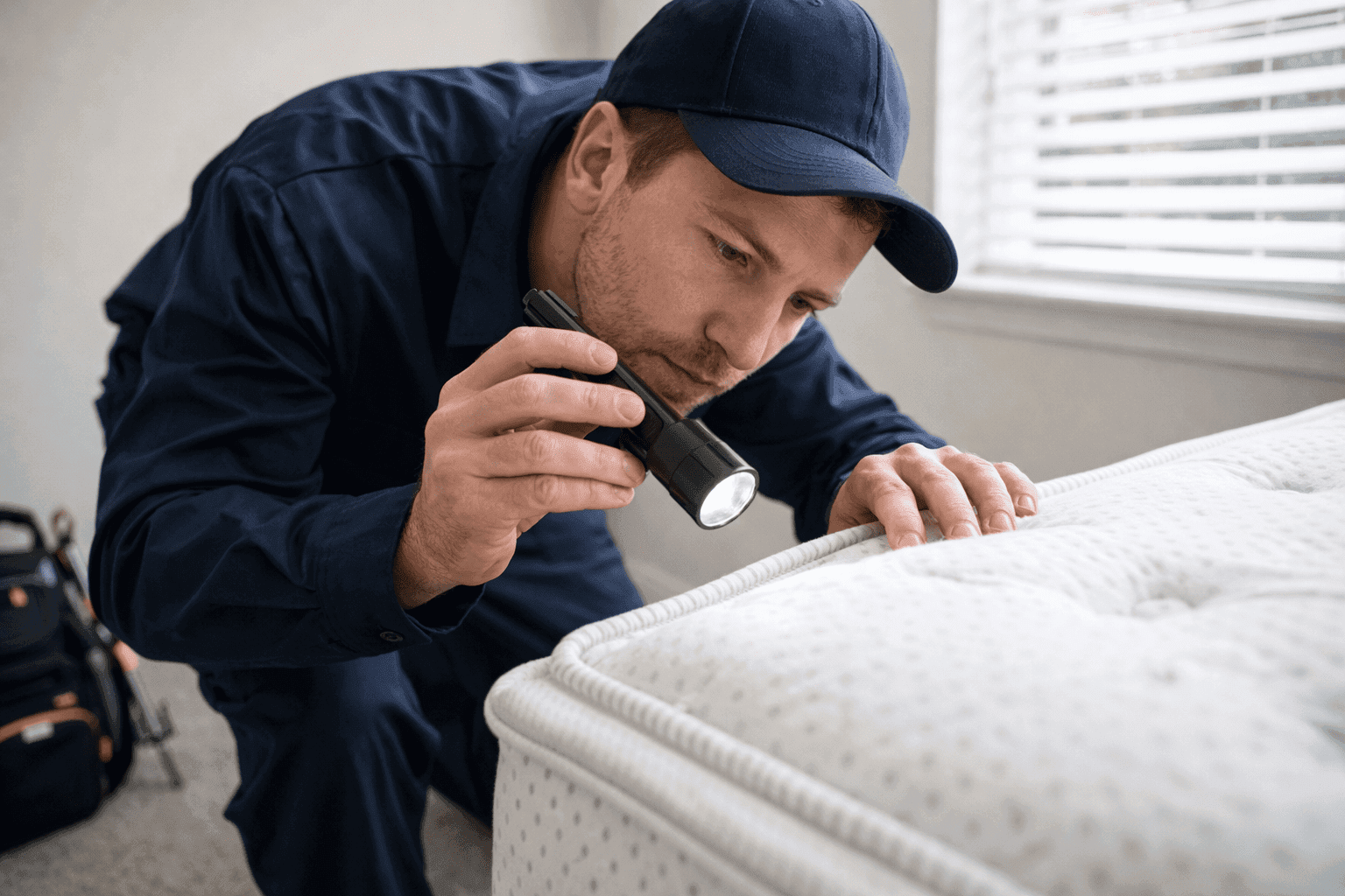 Close-Up of Bed Bug Stains and Fecal Spots on Mattress Seam (Macro Detail)