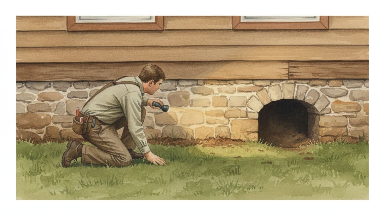 Pest inspector kneeling to examine foundation wall and crawl space entry in a Hannibal MO style home exterior, flashlight in hand pointing at soil line. Wide watercolor composition showing house foundation, grass, and inspector from side angle under overcast daylight.