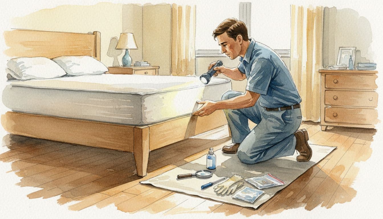 Pest control technician kneeling beside a bedroom bed, using a flashlight to inspect mattress seams and bed frame for bed bugs, with tools nearby, in watercolor style.