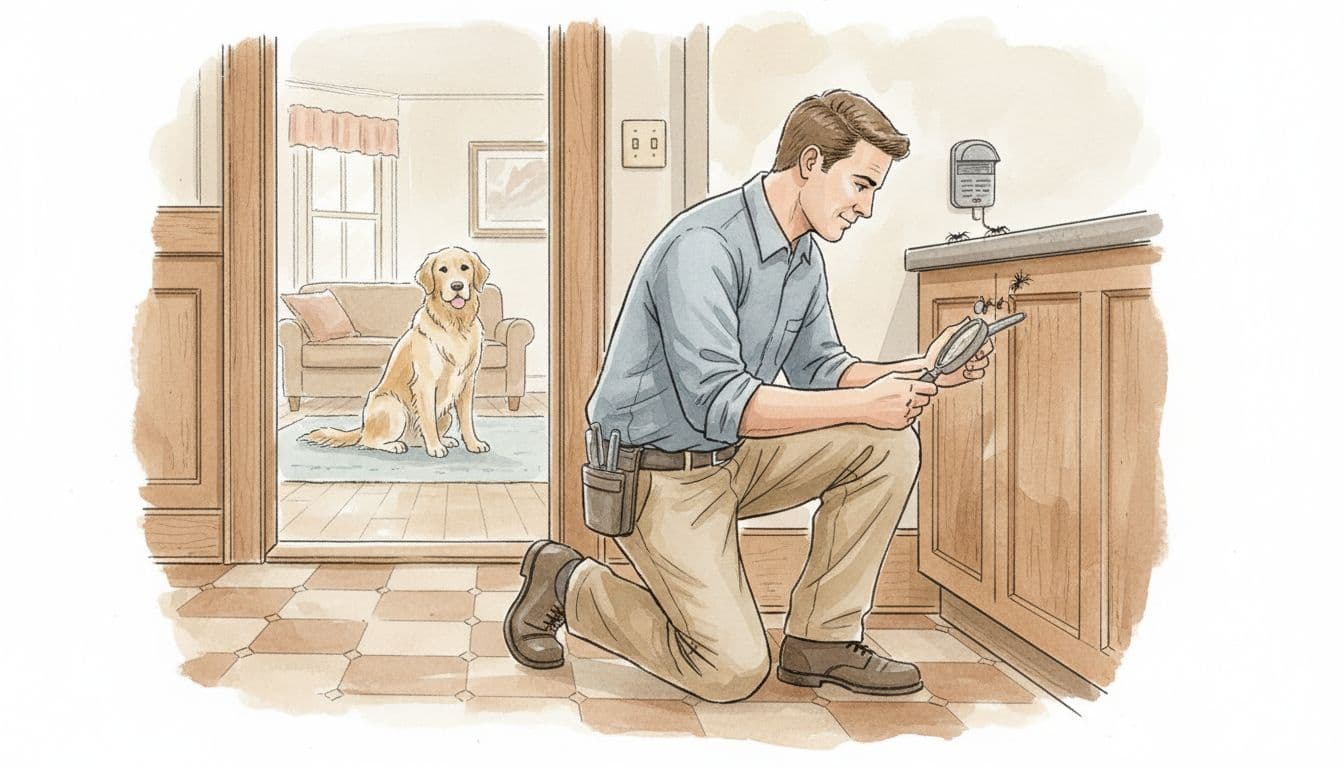 A professional pest control technician in uniform inspects a kitchen baseboard for ants with a tamper-resistant bait station placed out of pet reach. A golden retriever watches safely from the living room in a watercolor-style illustration of a Quincy-style older house using earth tones.